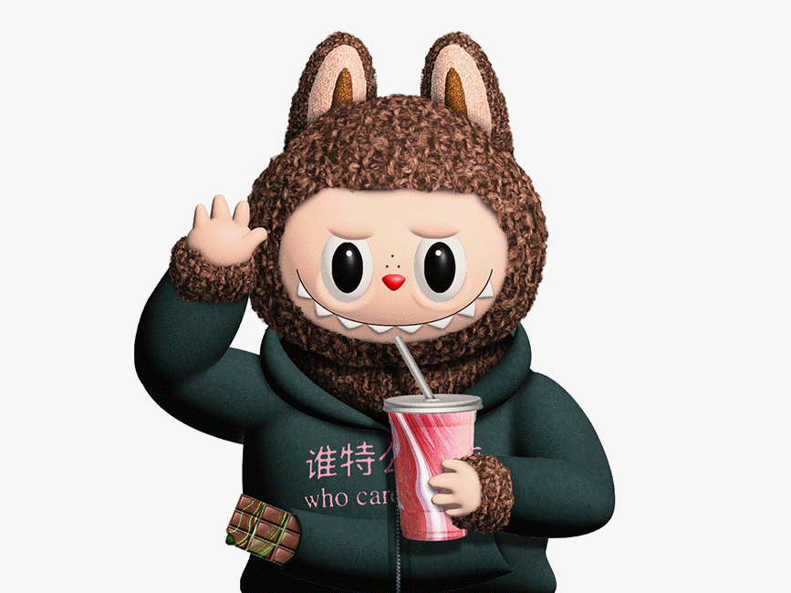 Illustration of Labubu drinking a smoothie wearing jelly sandals and brown sweatpants with mushrooms embroidered on them.