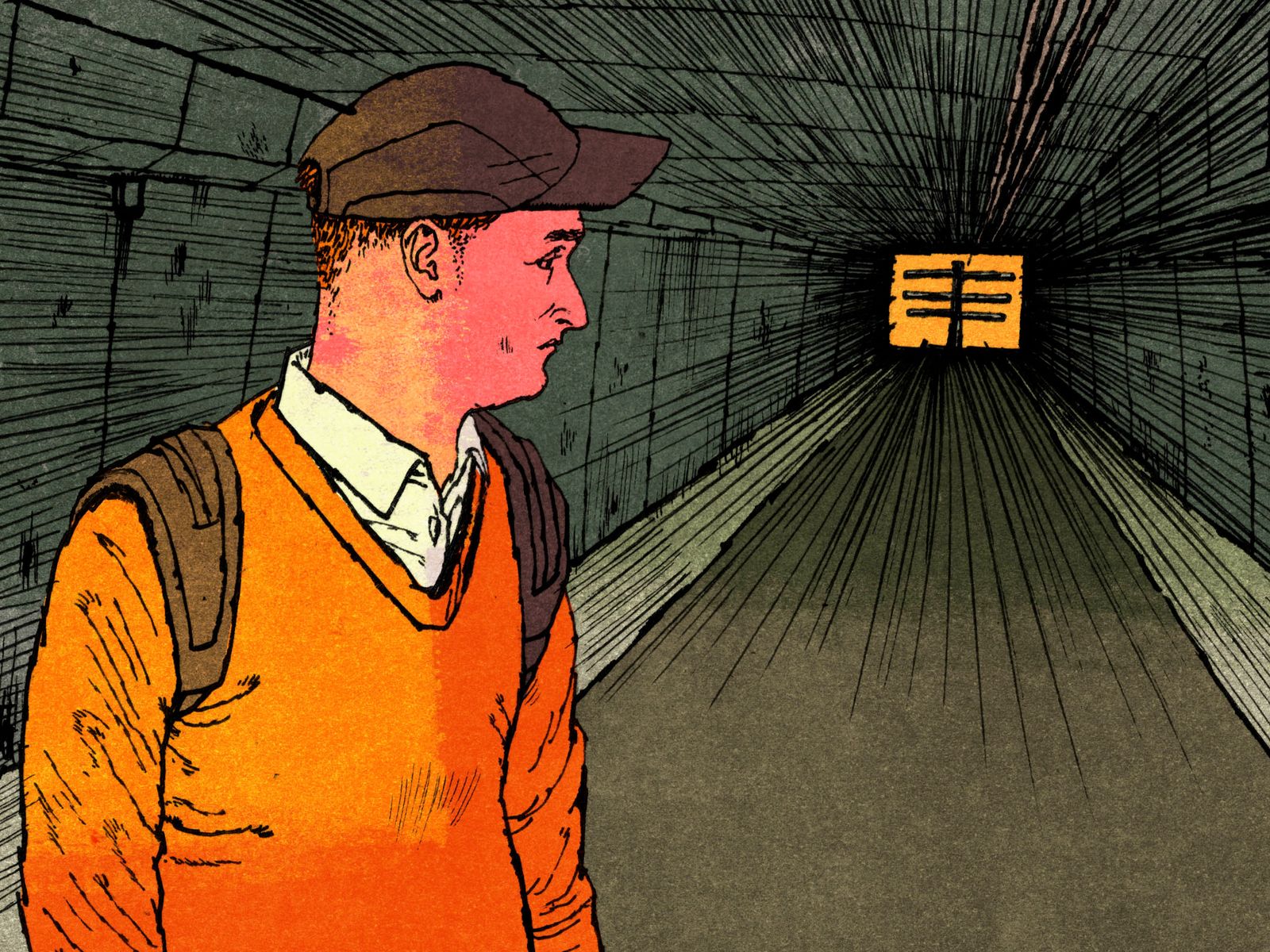 An illustration of man at the U.S.Mexico border in Calexico California.