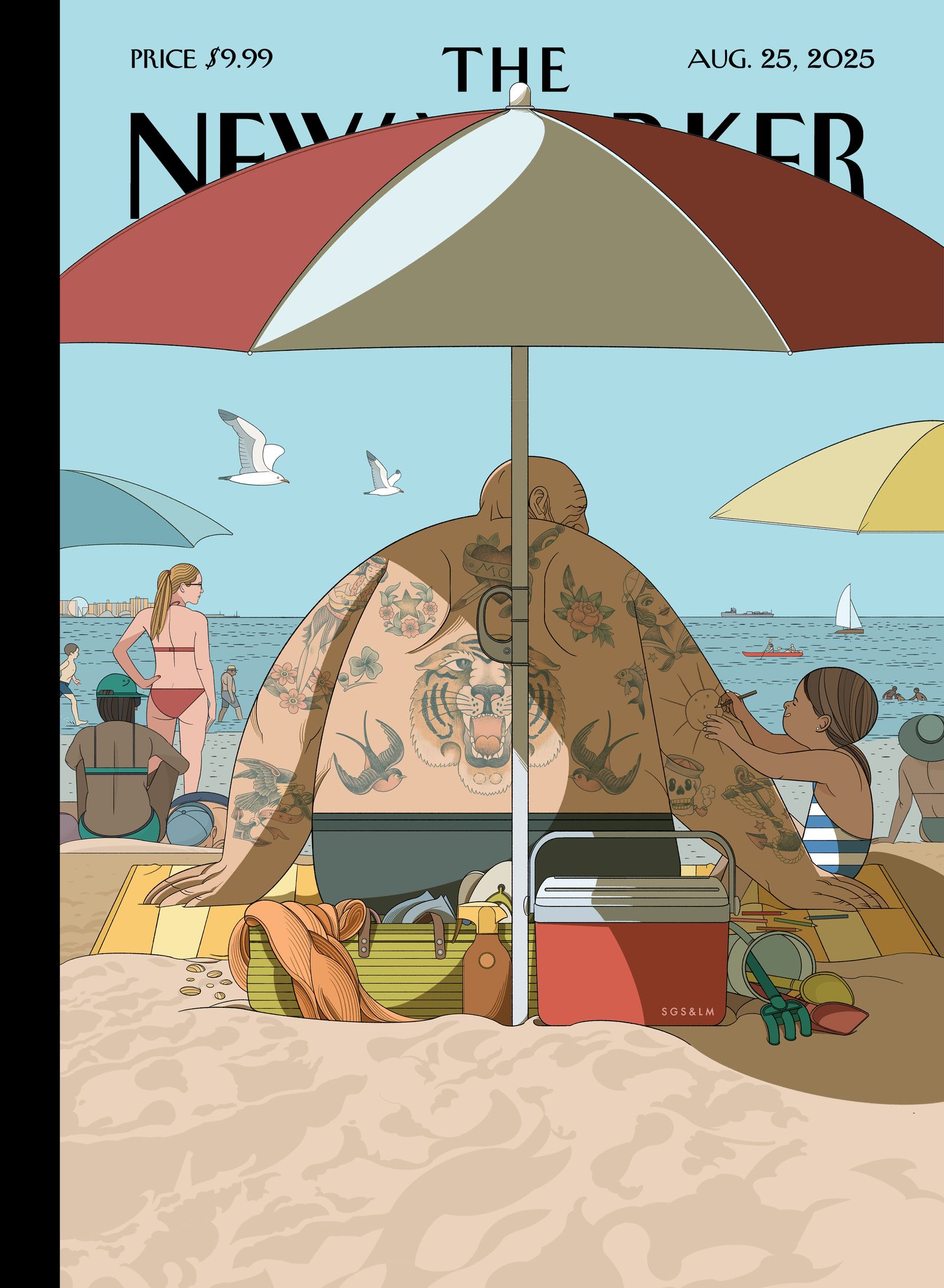 A child draws on a tattooed man at the beach.