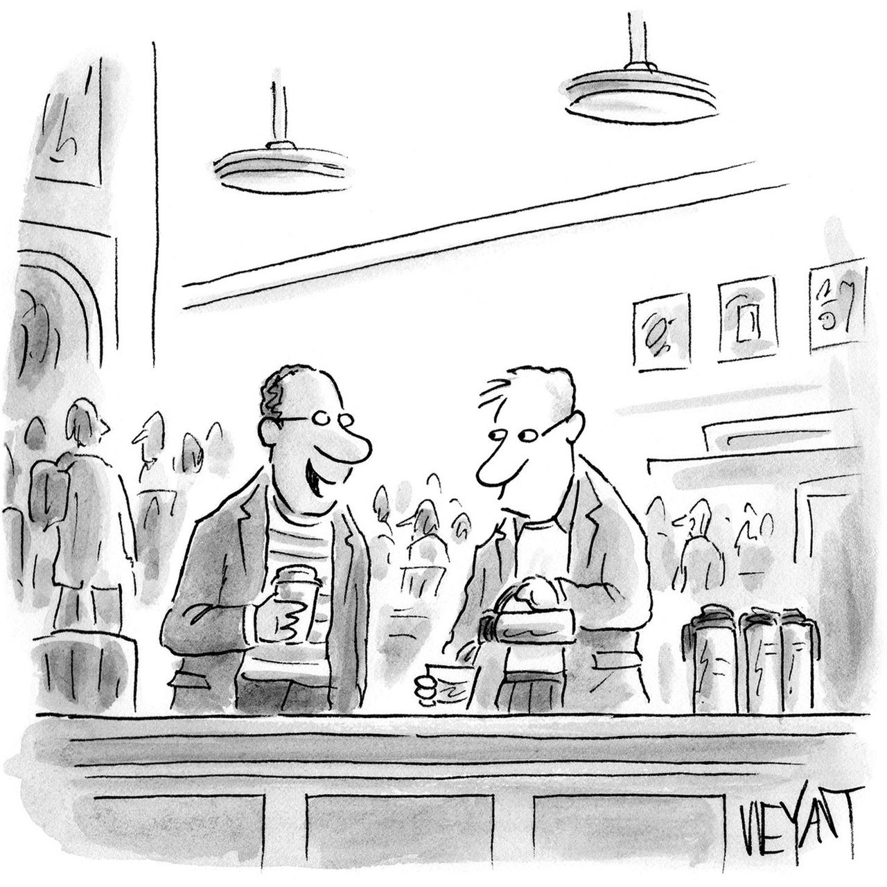 Two people talk while pouring themselves coffee at a coffee bar.