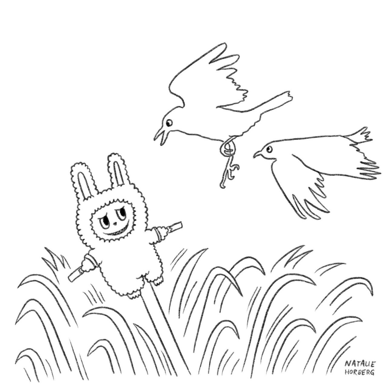 Two birds stare at a Labubu scarecrow.