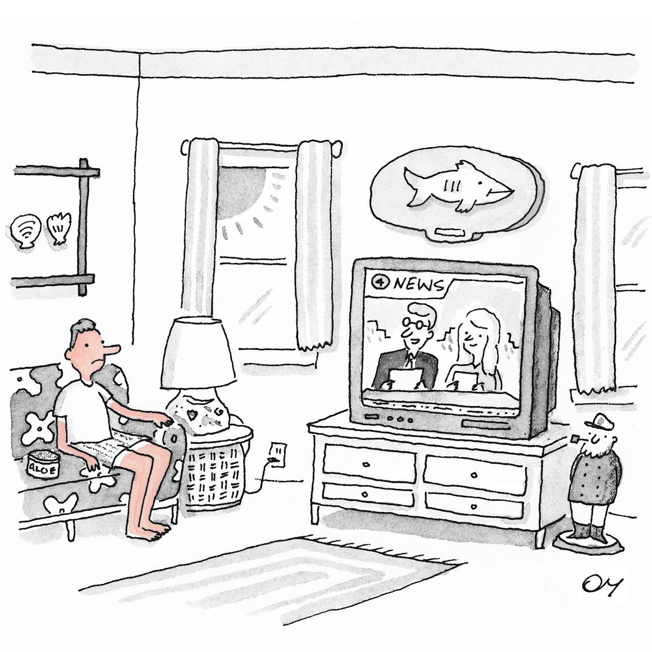 In a beachthemed living room a sunburned man sits on a couch watching a news program on television.