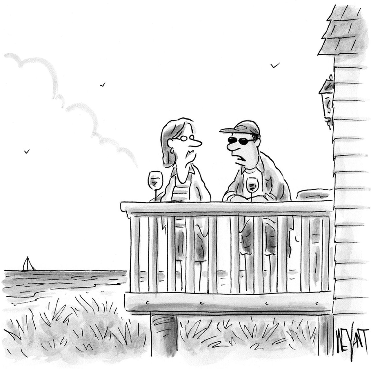 A man and a woman stand on the porch of a beach house.