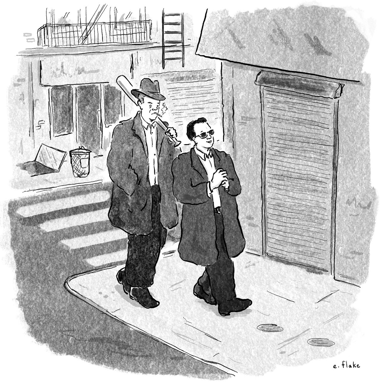 Two toughlooking guys dressed like mobsters walk down the street. One is carrying a baseball bat.