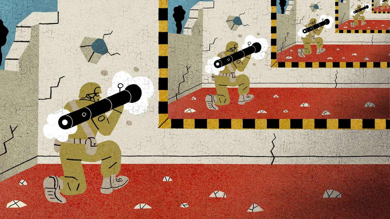 Illustration of a solider firing a grenade launcher into a endless reflection