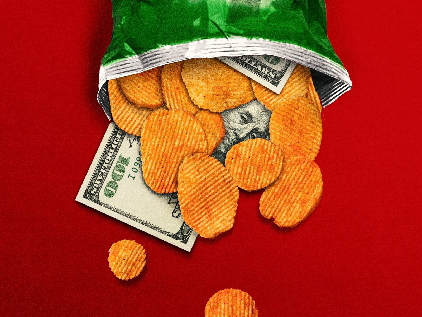 Money tumbling out a bag of chips