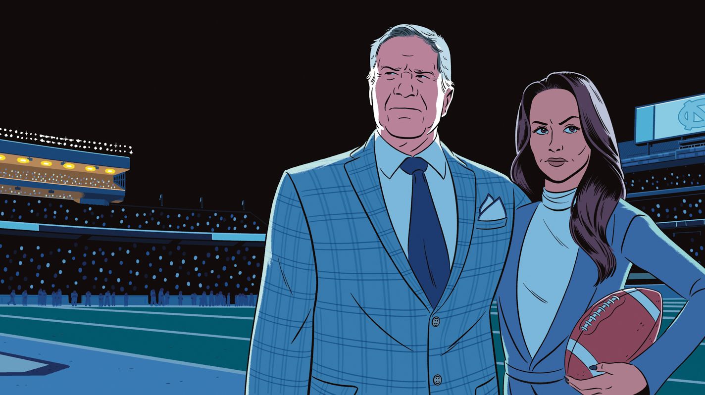 An illustration of Bill Belichick and Jordon Hudson on a football field