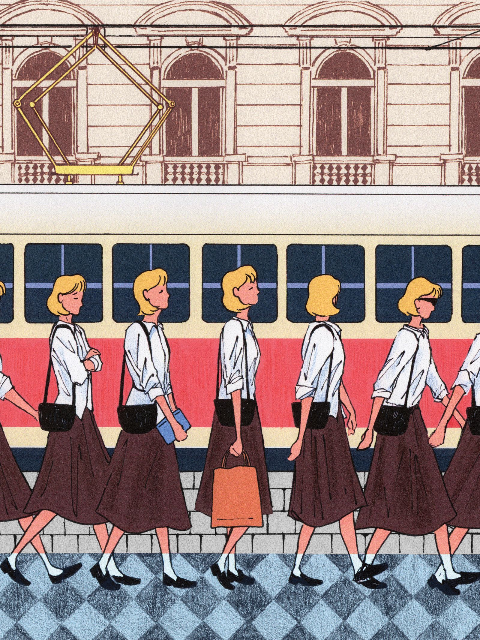 Line of women walking in front of a bus.