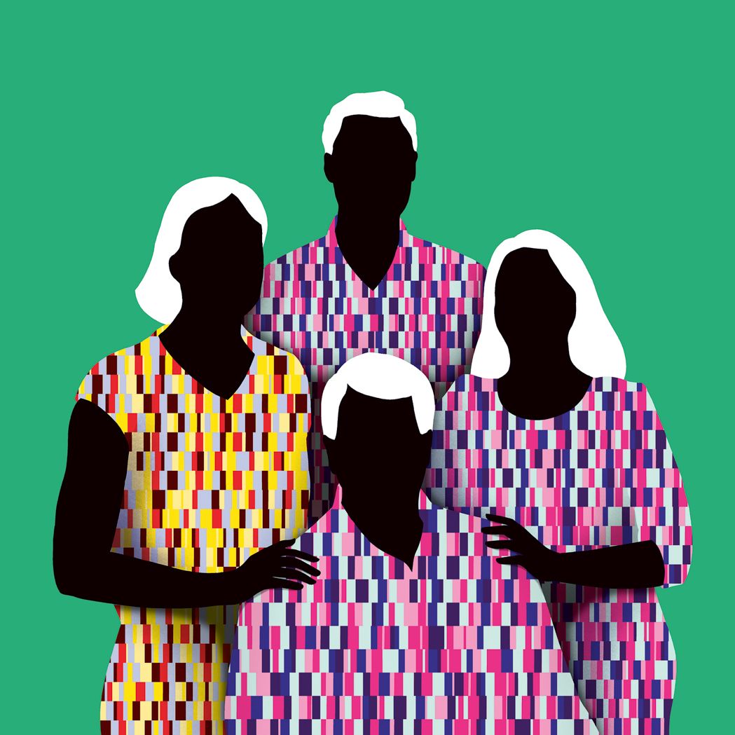 An illustration of four people three of whom wear the same pattern and one of whom wears a different one