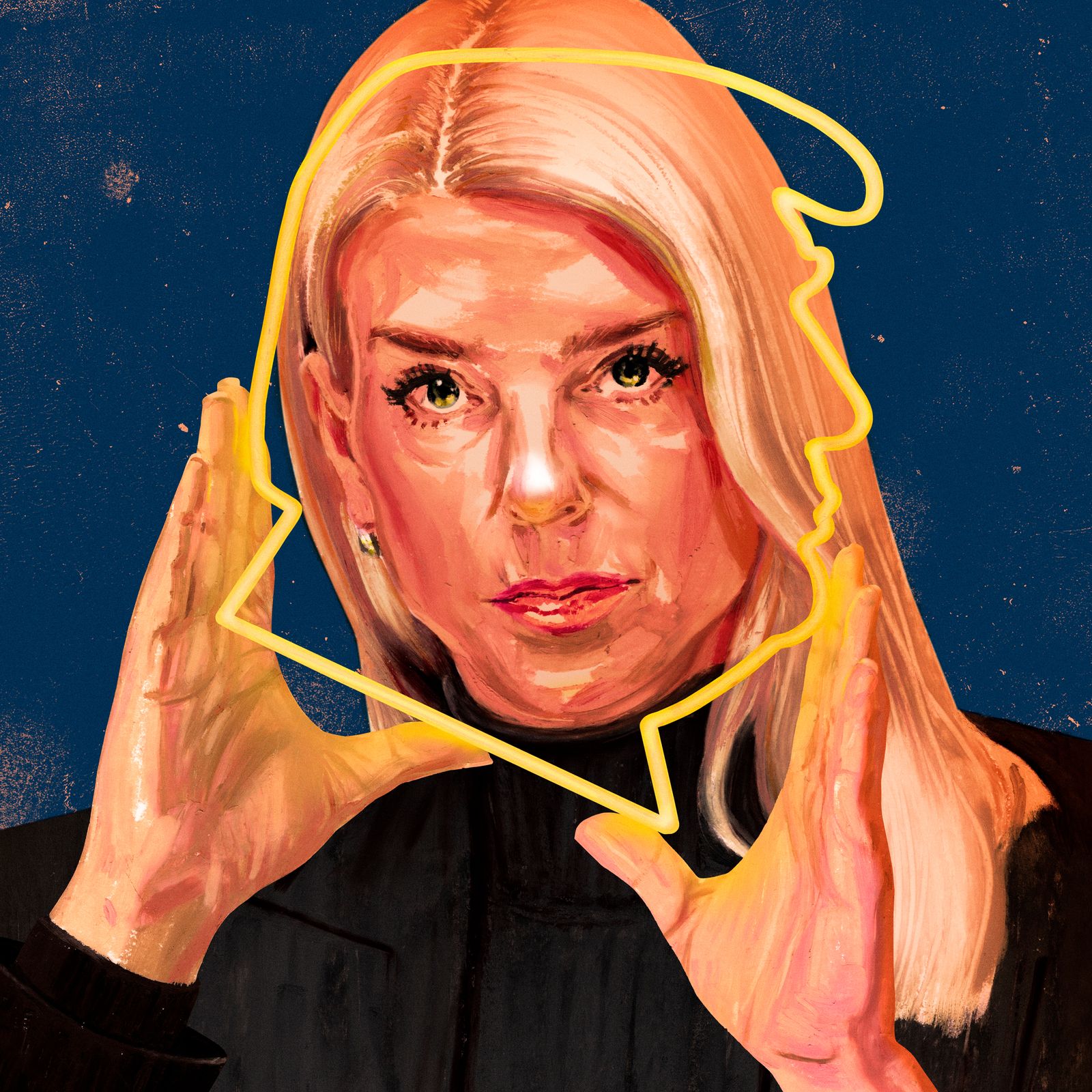 Portrait of Pam Bondi holding a golden outline of Trump.