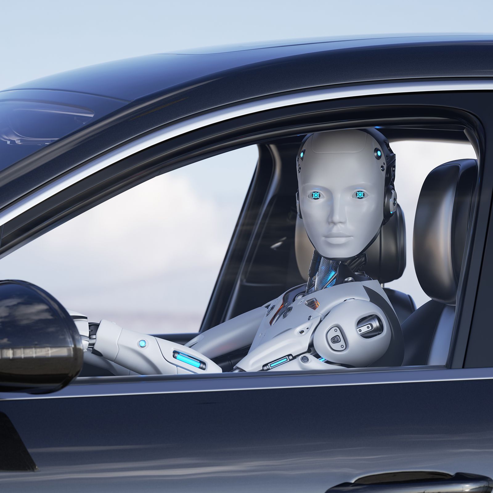 A robot driving a car.
