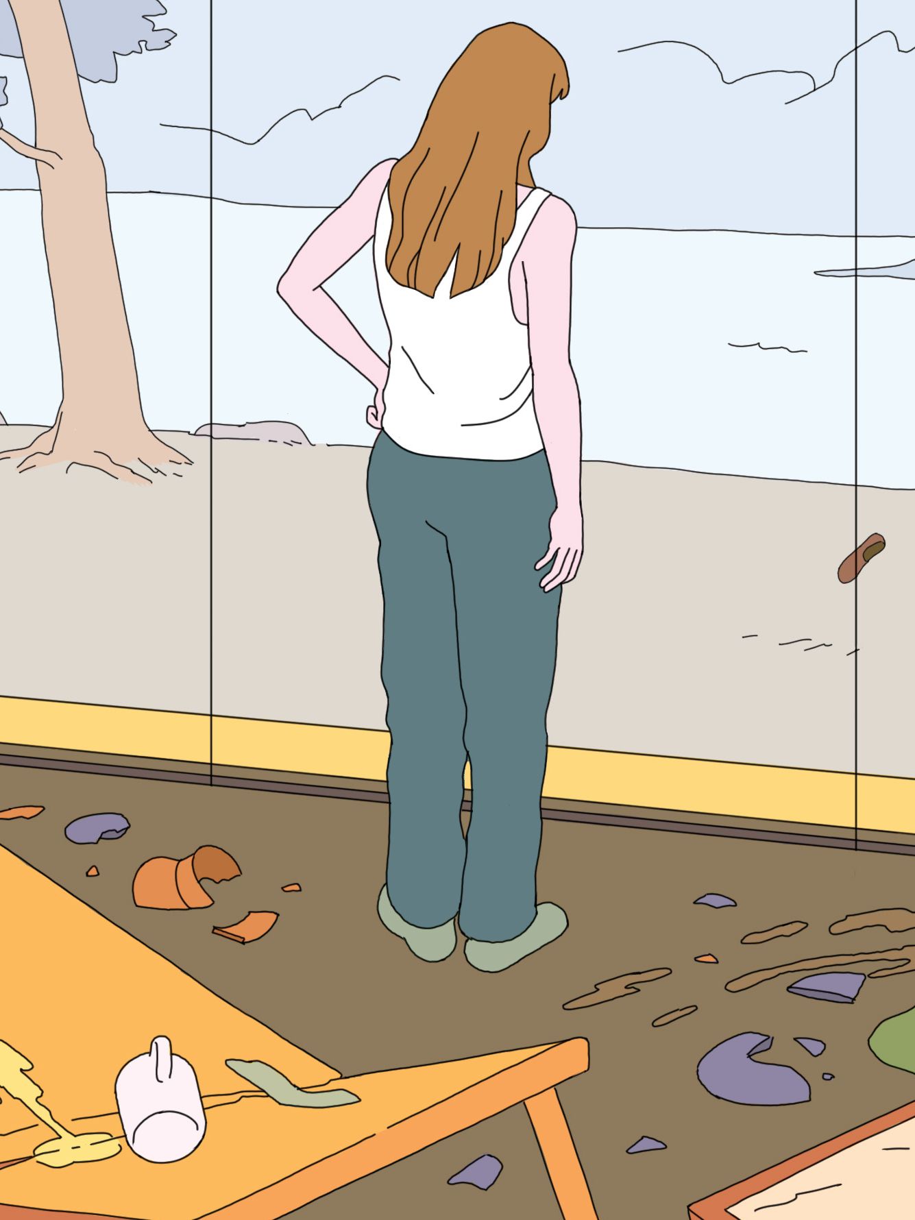 A woman in a messy house looks out the window at two men brawling.