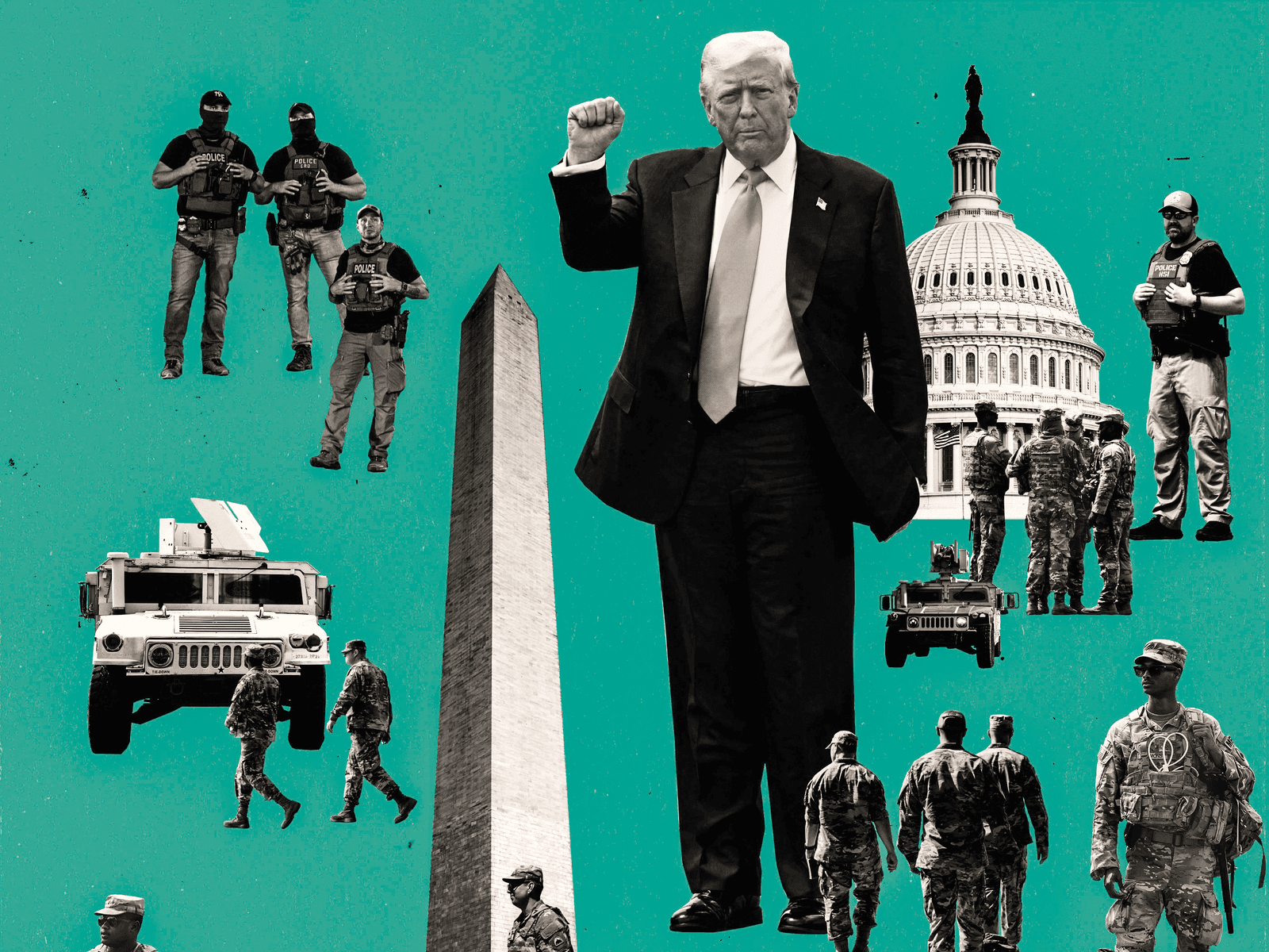 A collage of Donald Trump surrounded by soldiers on a teal background.