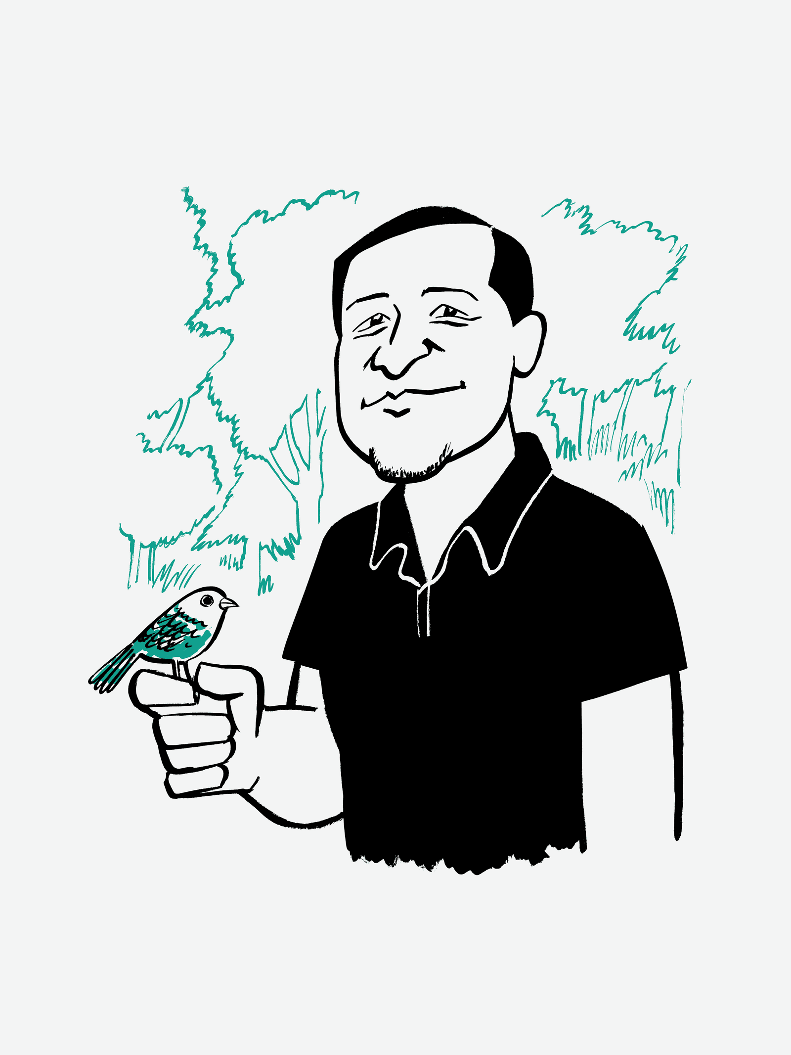 Man with a bird on his hand.
